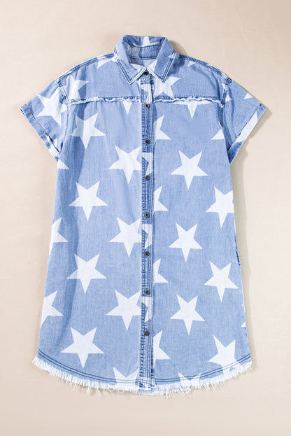 Sky Blue Stars Frayed Hem Collared Short Sleeve Denim Dress