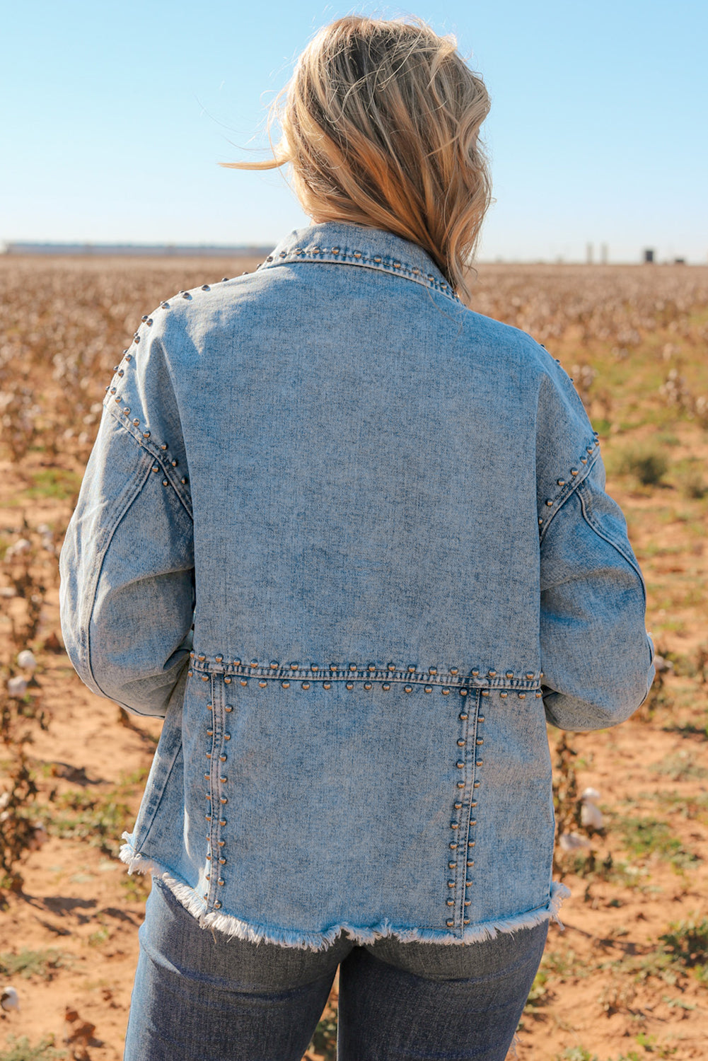 Sky Blue Studded Acid Wash Denim Jacket