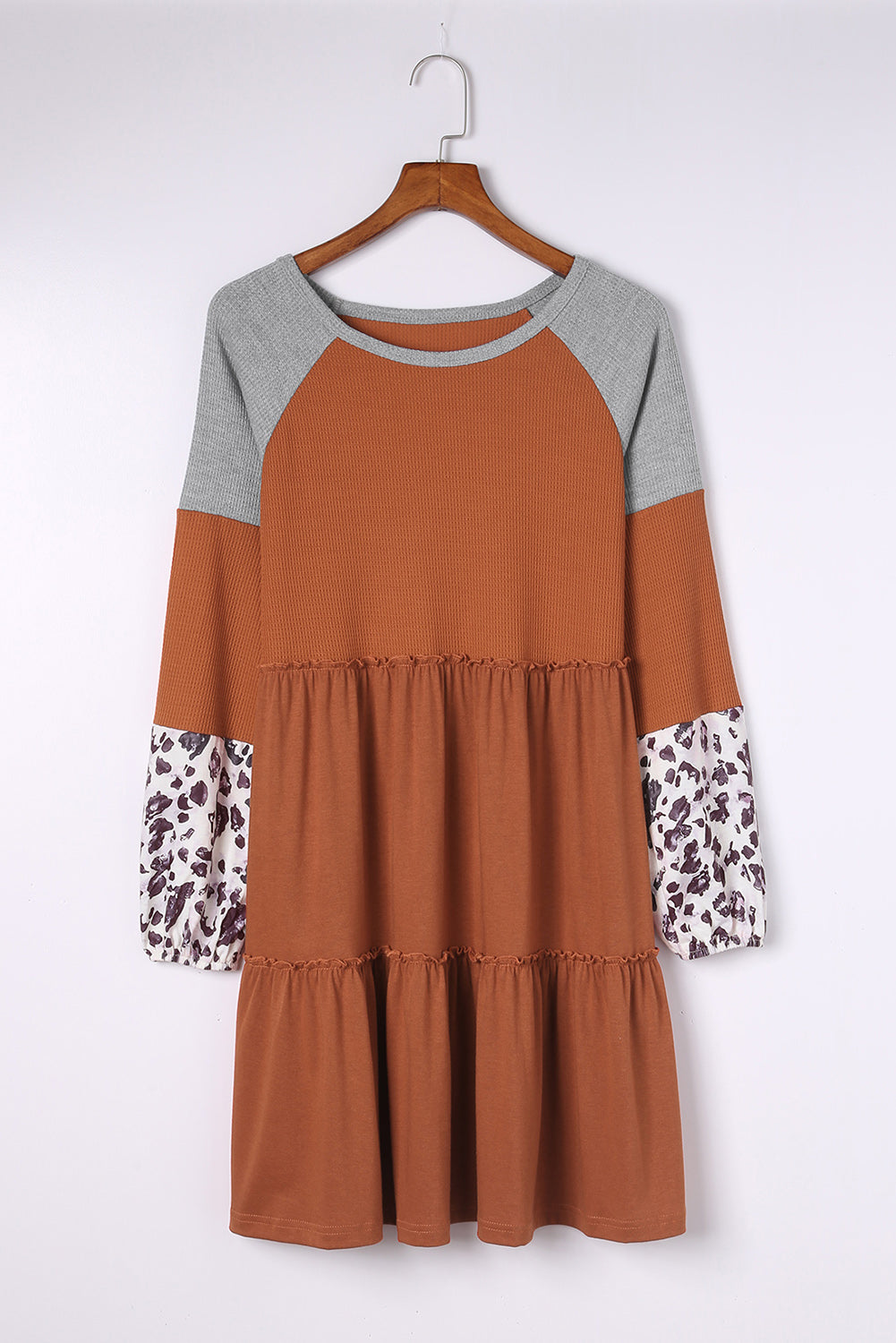 Brown Waffle Knit Leopard Patchwork Long Sleeve Dress