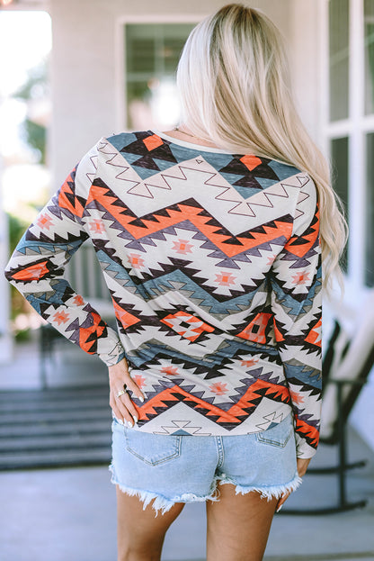 Multicolor Aztec Print V Neck Long Sleeve Top