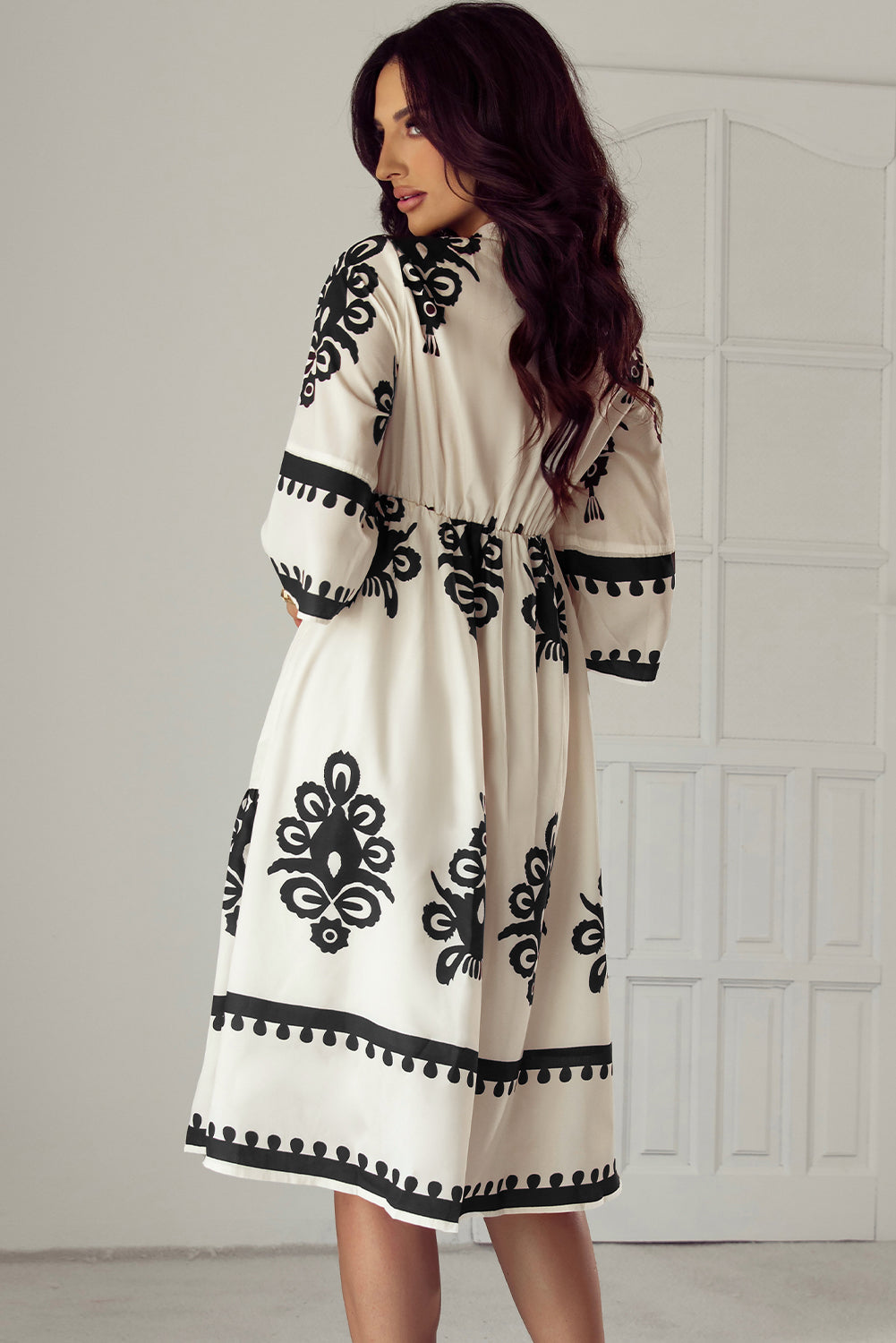 Black Western Geometric Print 3/4 Sleeve Loose Midi Dress