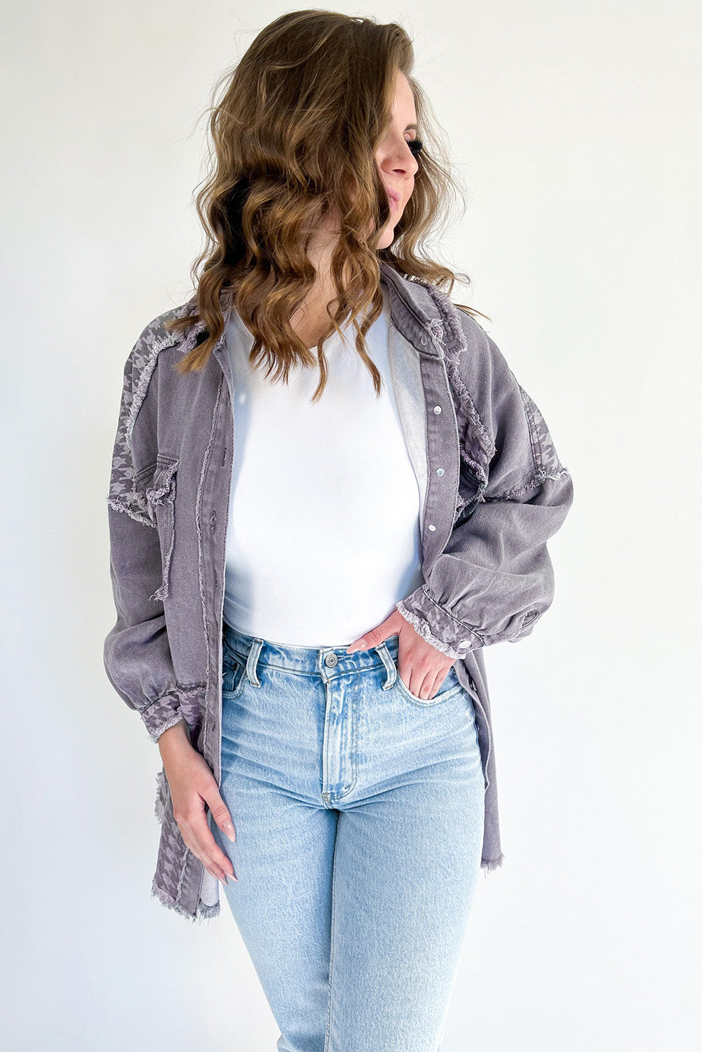 Medium Grey Retro Distressed Houndstooth Patchwork Denim Jacket