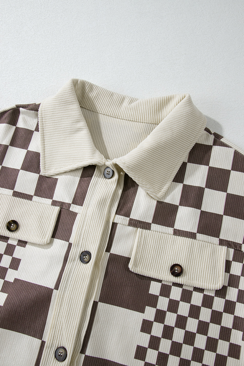 Brown Checkered Print Patchwork Corduroy Shacket