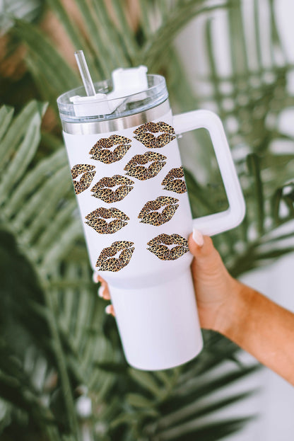 White Valentine Leopard Lips Print Thermos Cup with Straw 40oz