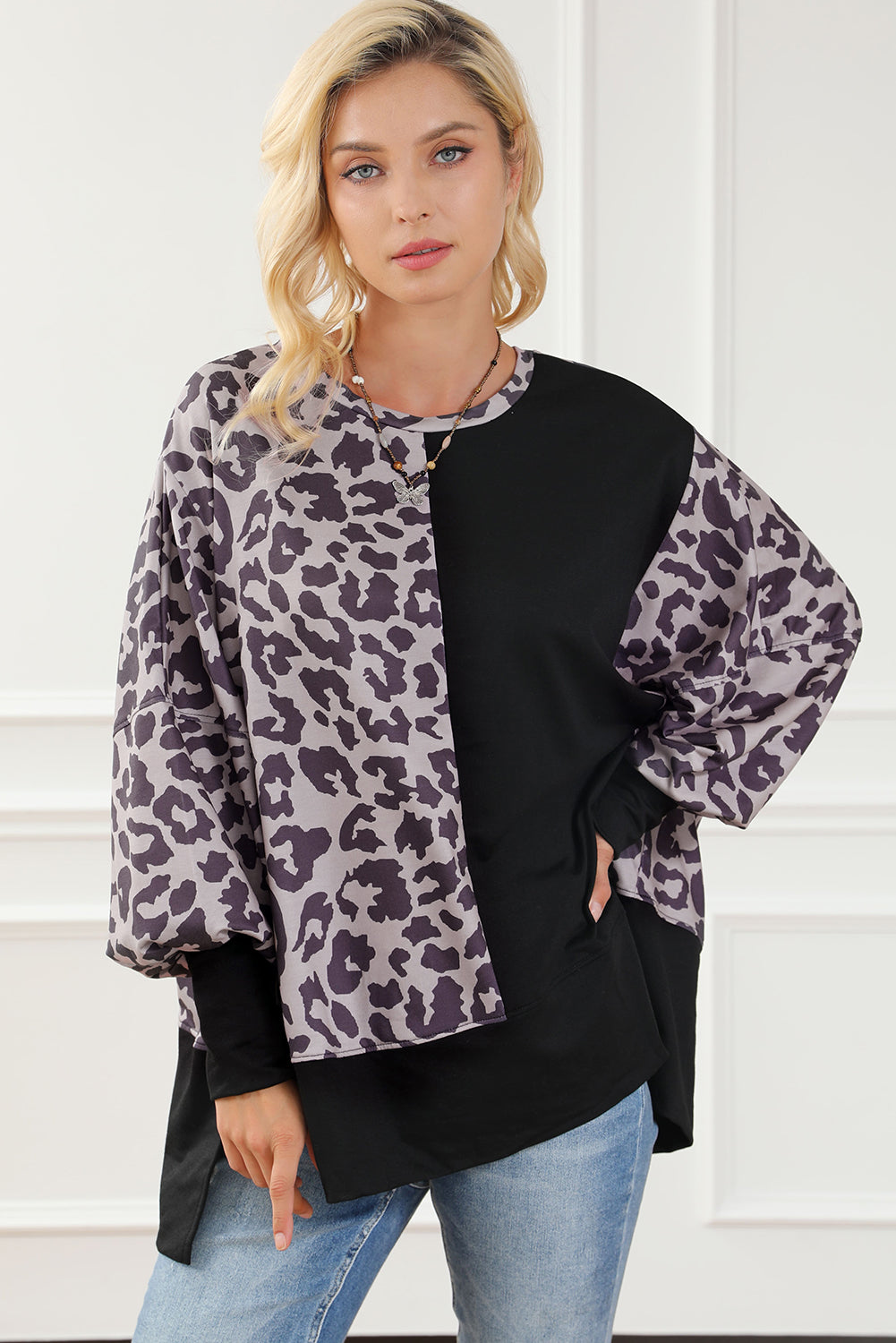 Black Leopard Patchwork Bishop Sleeve Slit Sweatshirt